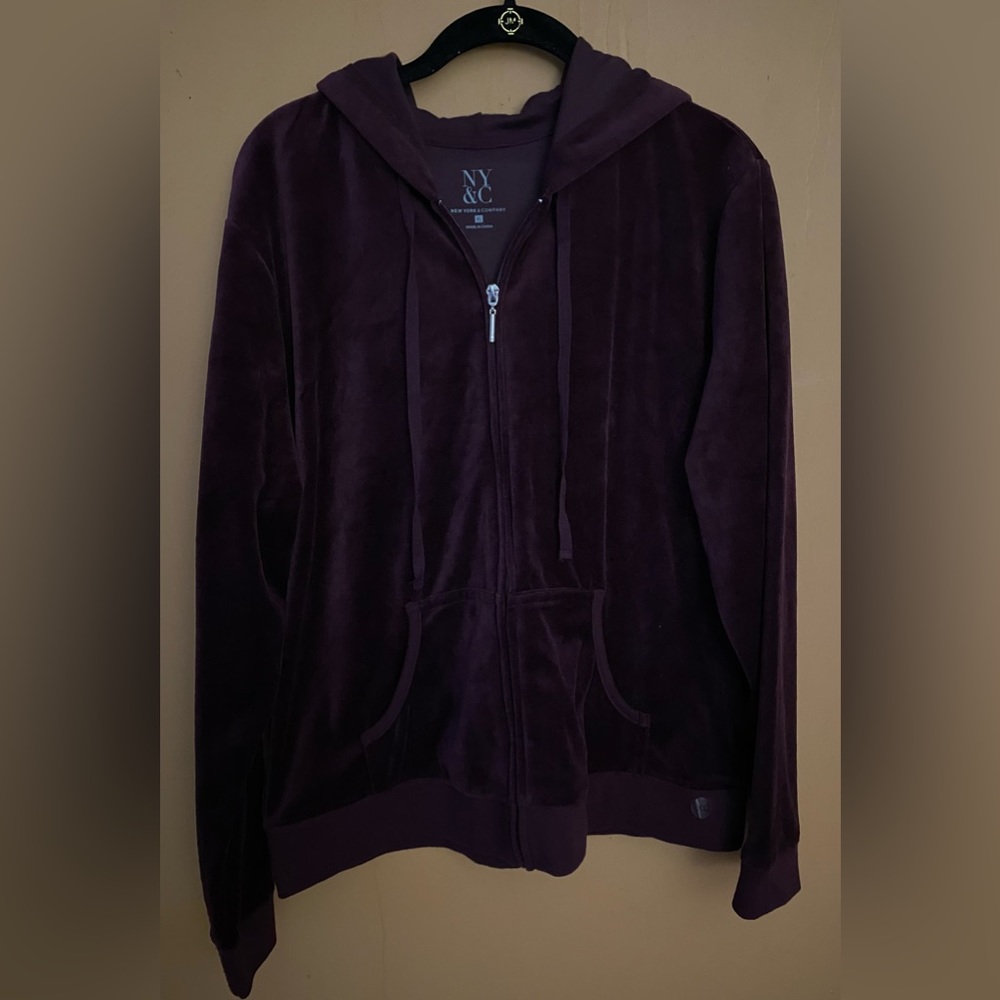 New York & Company burgundy velour large zipper hoodie.